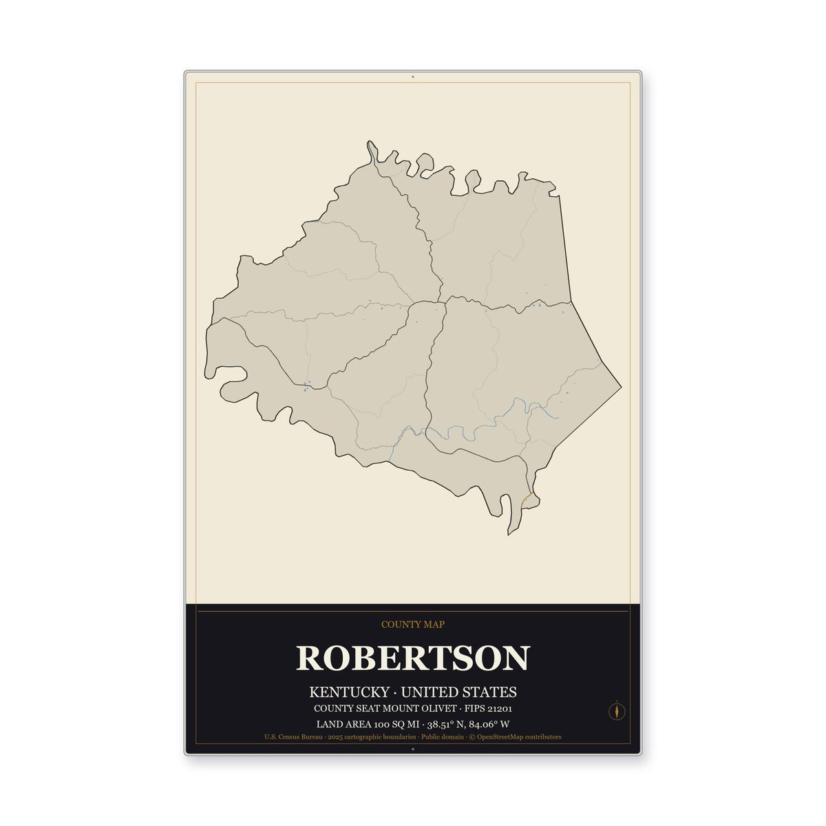 Robertson County, Kentucky Map Aluminum Sign in Museum Plaque style