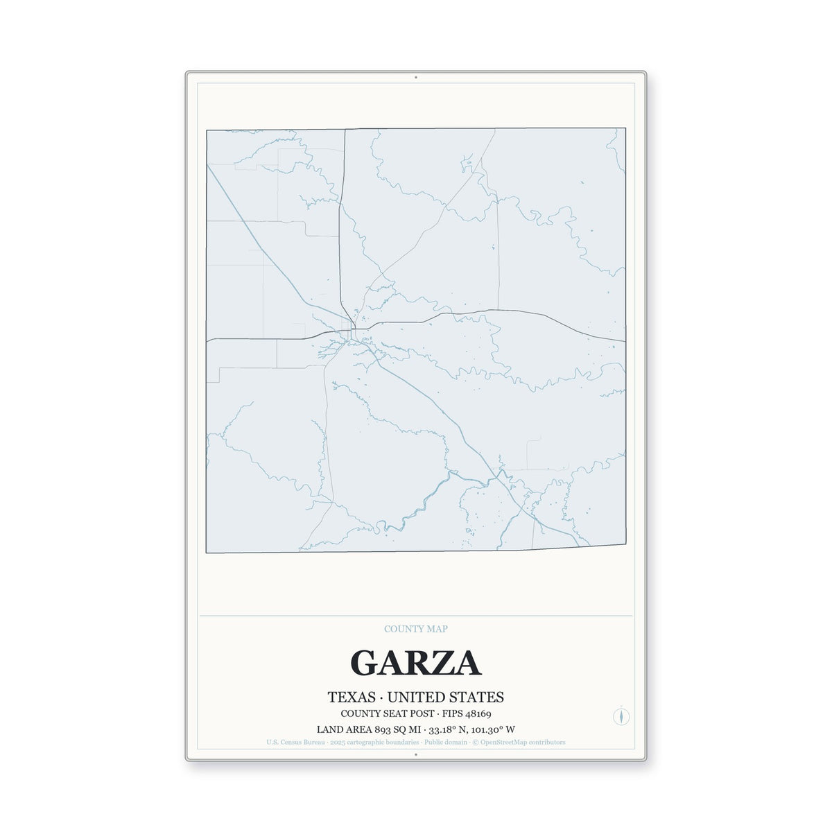 Garza County, Texas Map Aluminum Sign in Gallery Air style