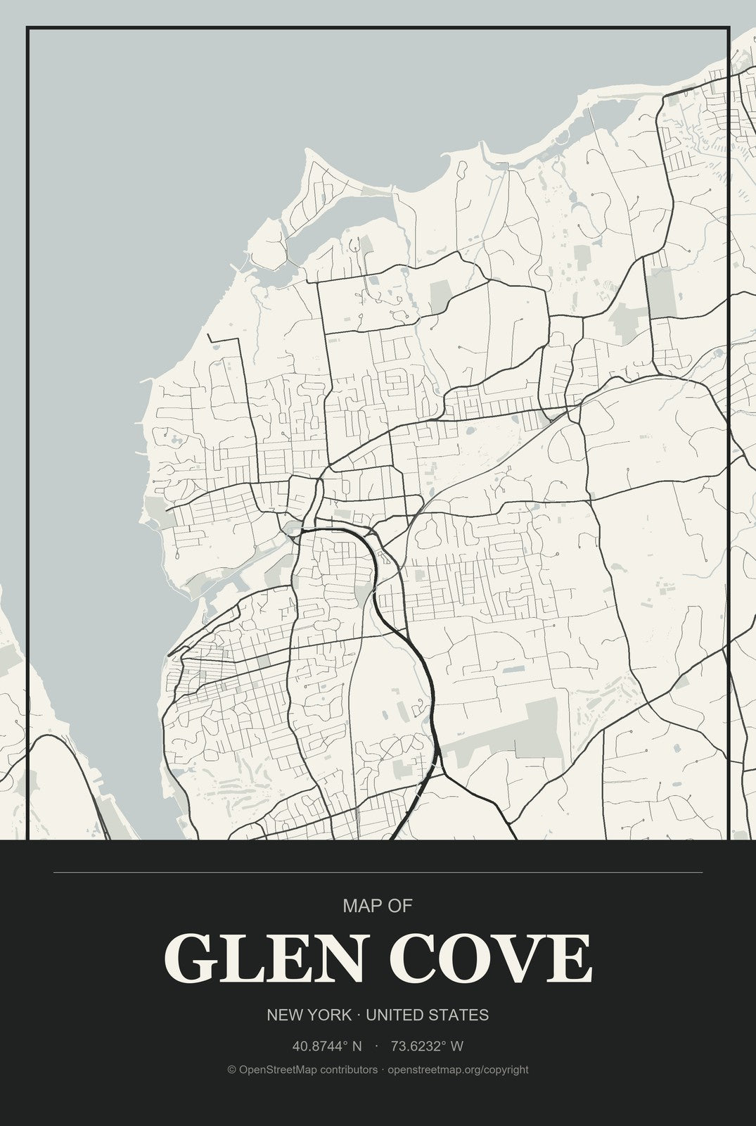 Glen Cove, New York City Map Aluminum Sign in Museum Plaque style
