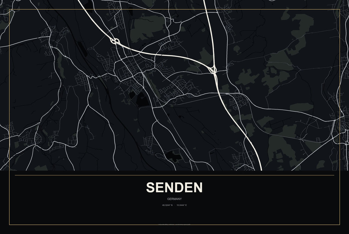 Senden, North Rhine-Westphalia, Germany City Map Aluminum Sign in Metropolitan Noir style