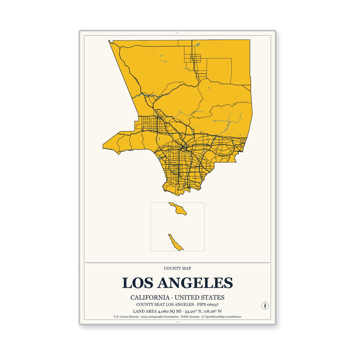 Los Angeles County, California Map Aluminum Sign in Citrine Modern style