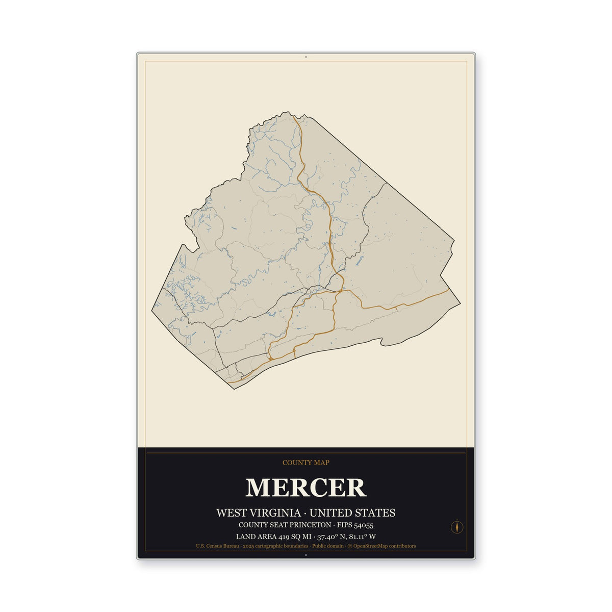 Mercer County, West Virginia Map Aluminum Sign in Museum Plaque style