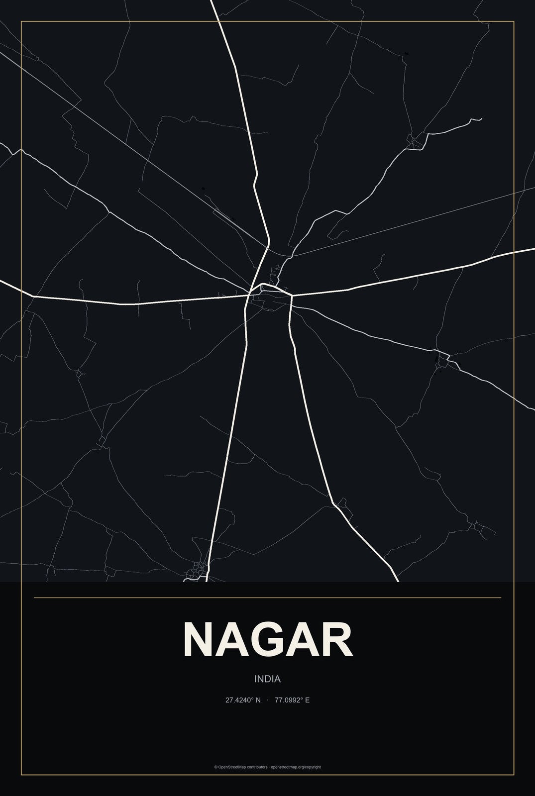 Nagar, India City Map Aluminum Sign in Metropolitan Noir style