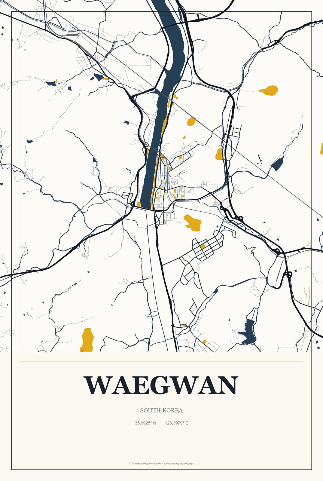 Waegwan, South Korea City Map Aluminum Sign in Citrine Modern style