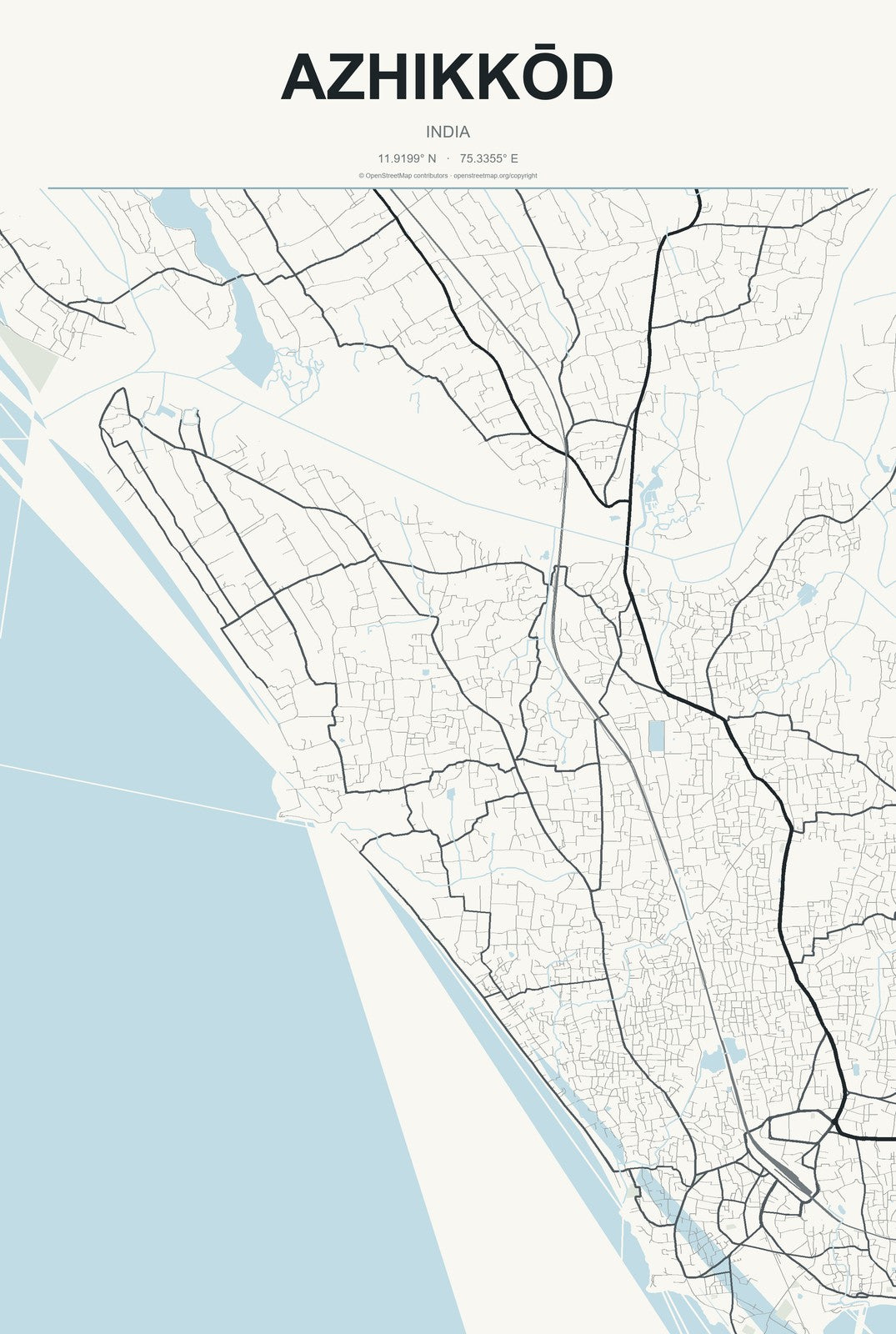 Azhikkōd, India City Map Aluminum Sign in Headline Atlas style