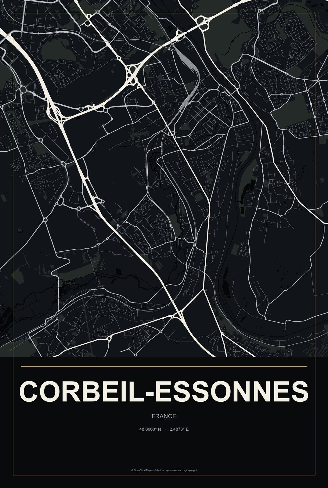Corbeil-Essonnes, France City Map Aluminum Sign in Metropolitan Noir style