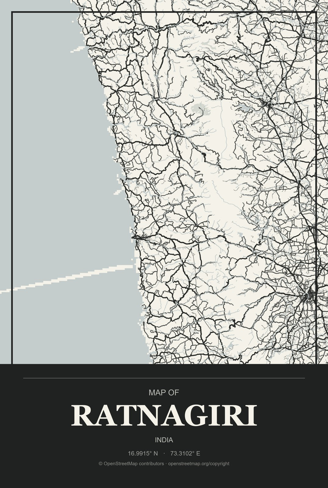 Ratnagiri, India City Map Aluminum Sign in Museum Plaque style