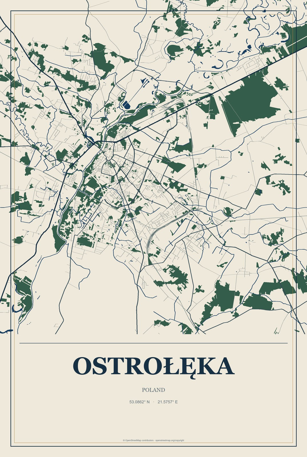 Ostrołęka, Poland City Map Aluminum Sign in Coastal Cutout style