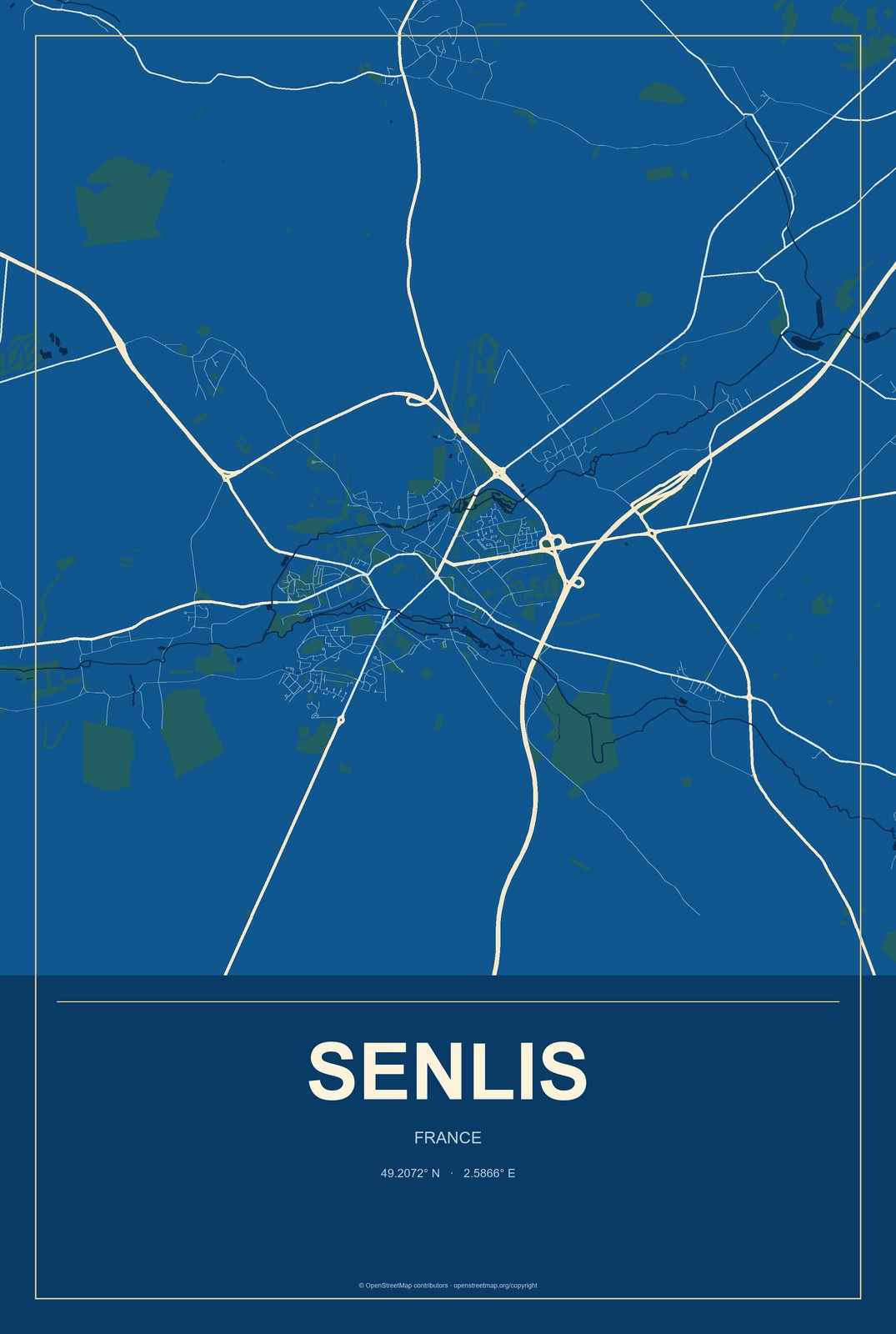 Senlis, France City Map Aluminum Sign in Harbor Cobalt style