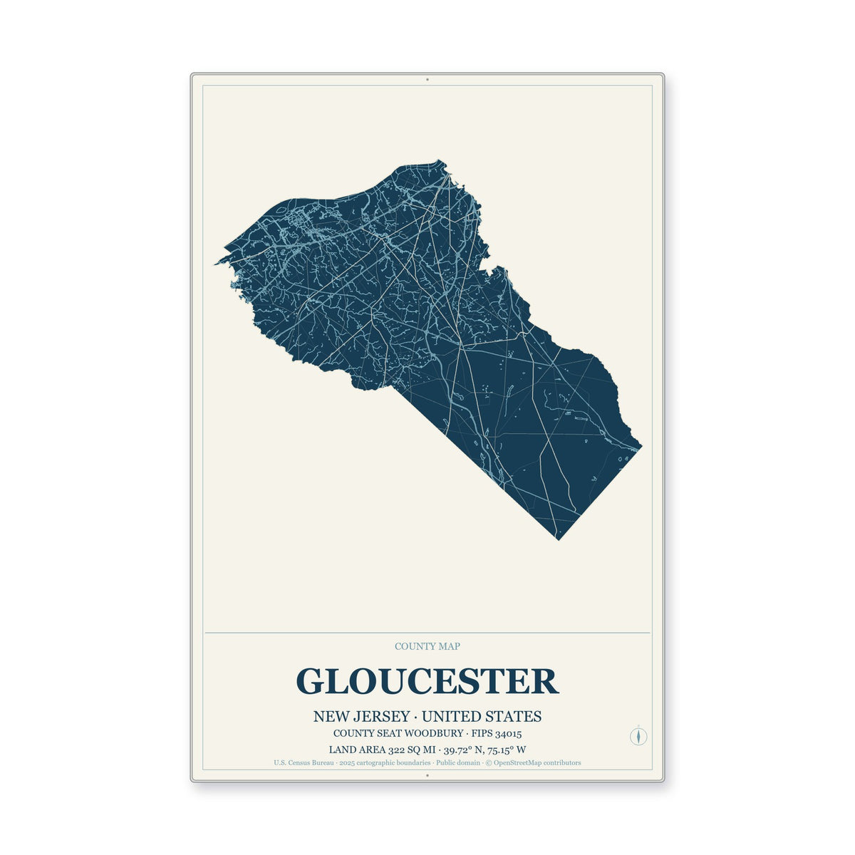Gloucester County, New Jersey Map Aluminum Sign in Coastal Cutout style
