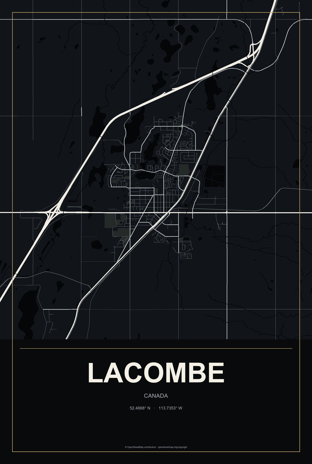 Lacombe, Canada City Map Aluminum Sign in Metropolitan Noir style