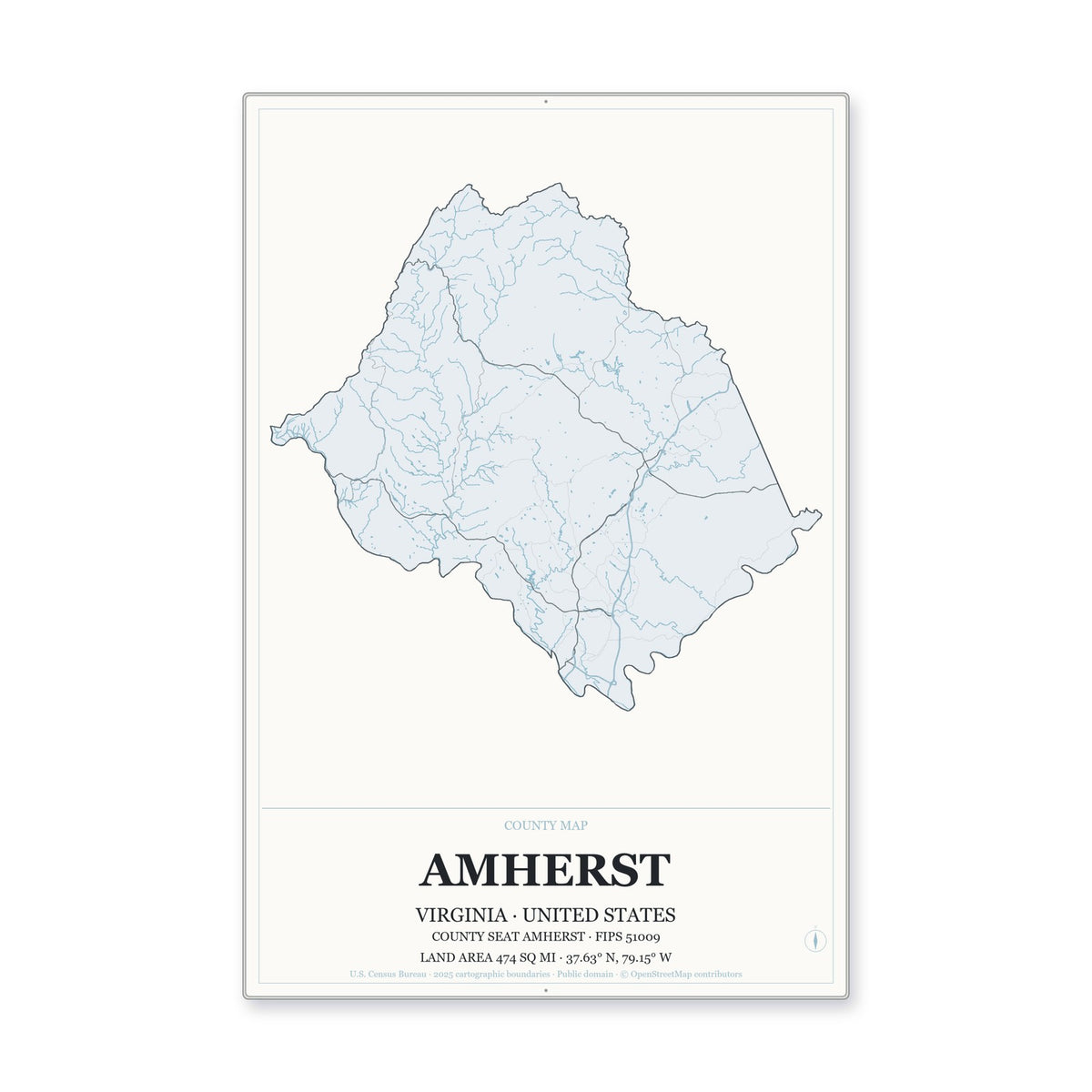 Amherst County, Virginia Map Aluminum Sign in Gallery Air style