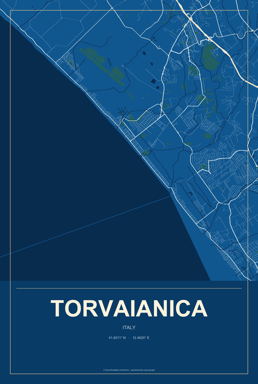 Torvaianica, Italy City Map Aluminum Sign in Harbor Cobalt style