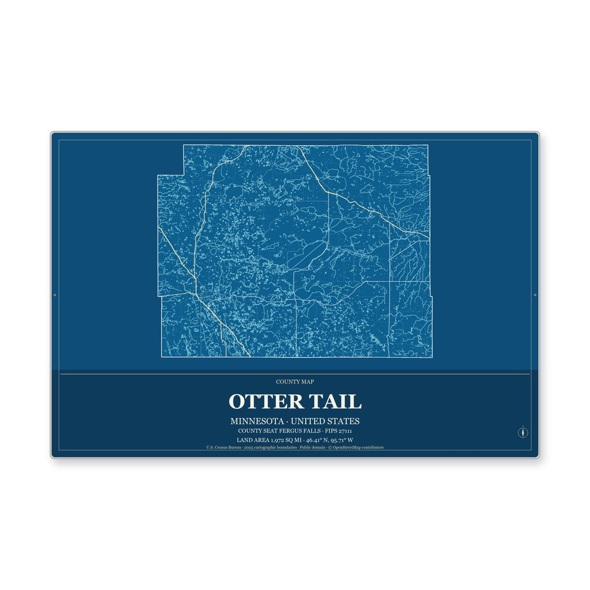 Otter Tail County, Minnesota Map Aluminum Sign in Harbor Cobalt style