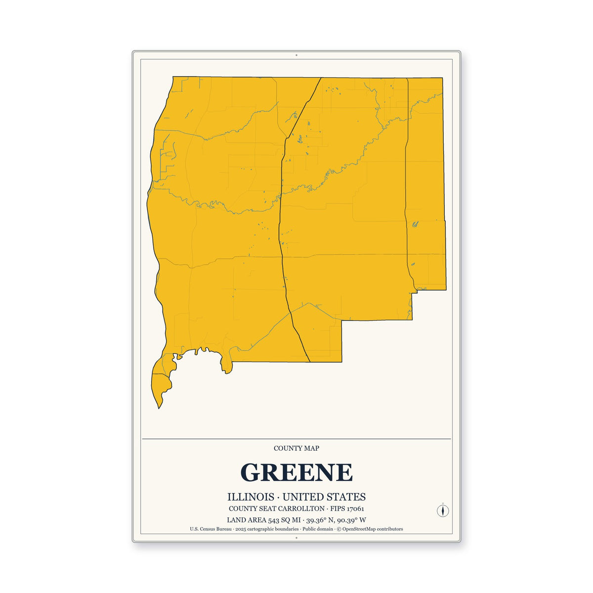 Greene County, Illinois Map Aluminum Sign in Citrine Modern style