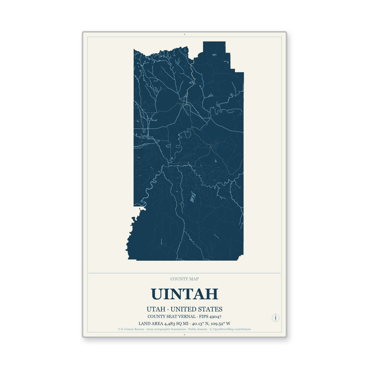 Uintah County, Utah Map Aluminum Sign in Coastal Cutout style
