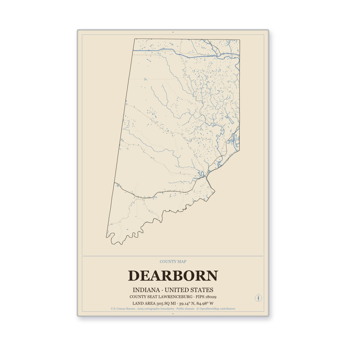 Dearborn County, Indiana Map Aluminum Sign in Heritage Nautical style
