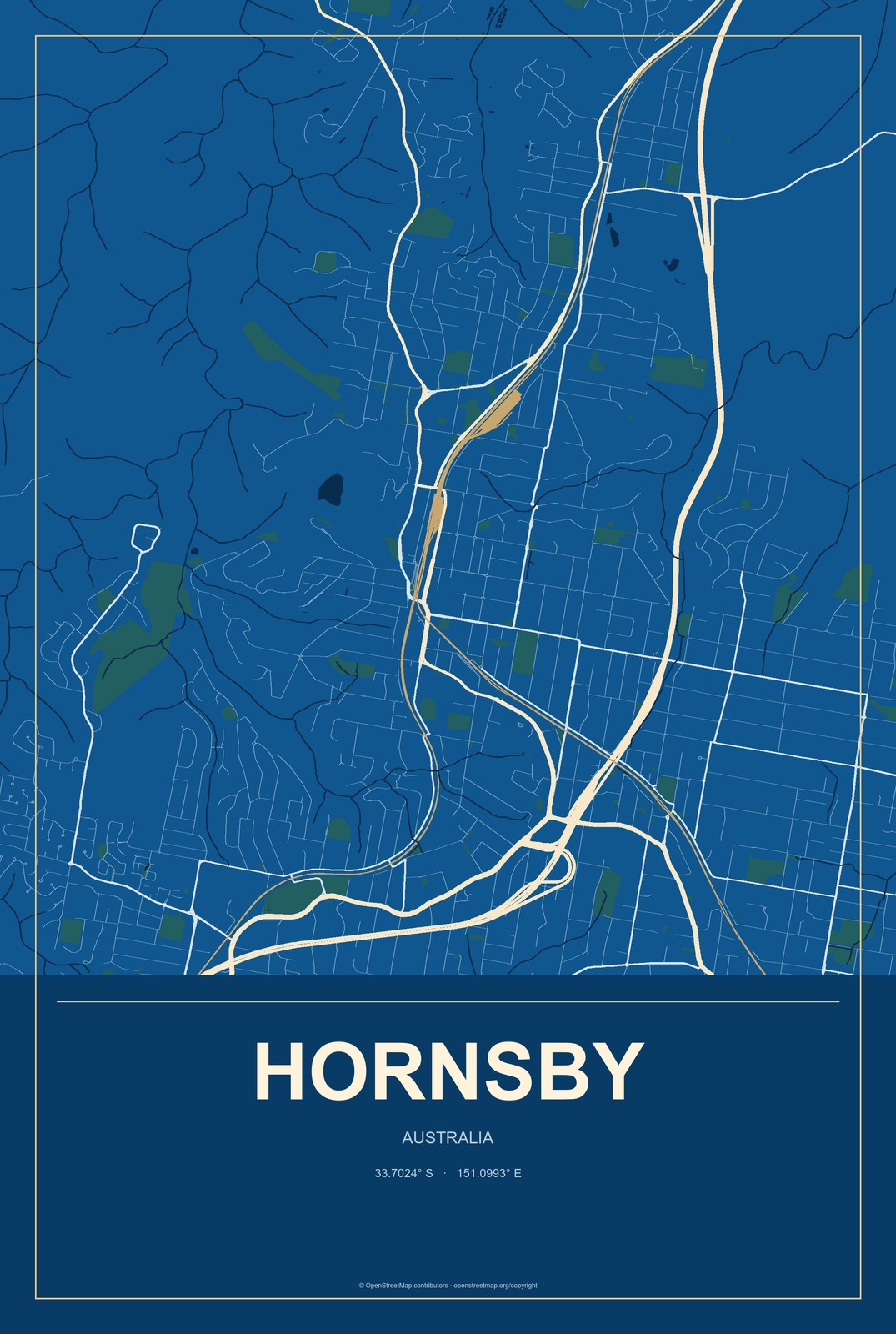 Hornsby, Australia City Map Aluminum Sign in Harbor Cobalt style