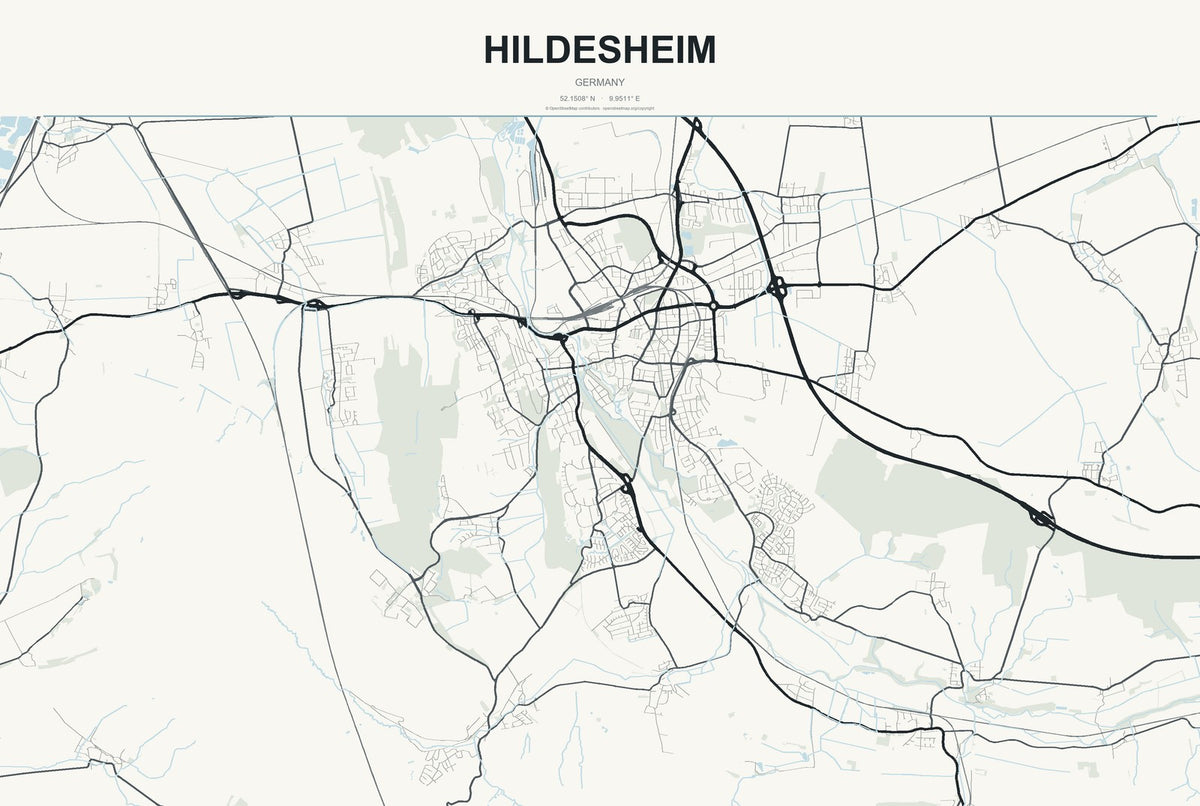 Hildesheim, Germany City Map Aluminum Sign in Headline Atlas style