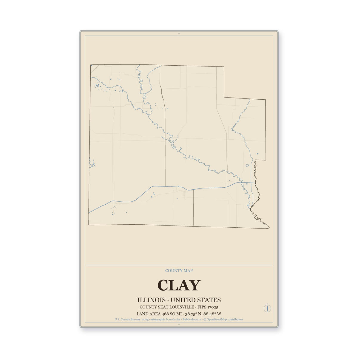 Clay County, Illinois Map Aluminum Sign in Heritage Nautical style