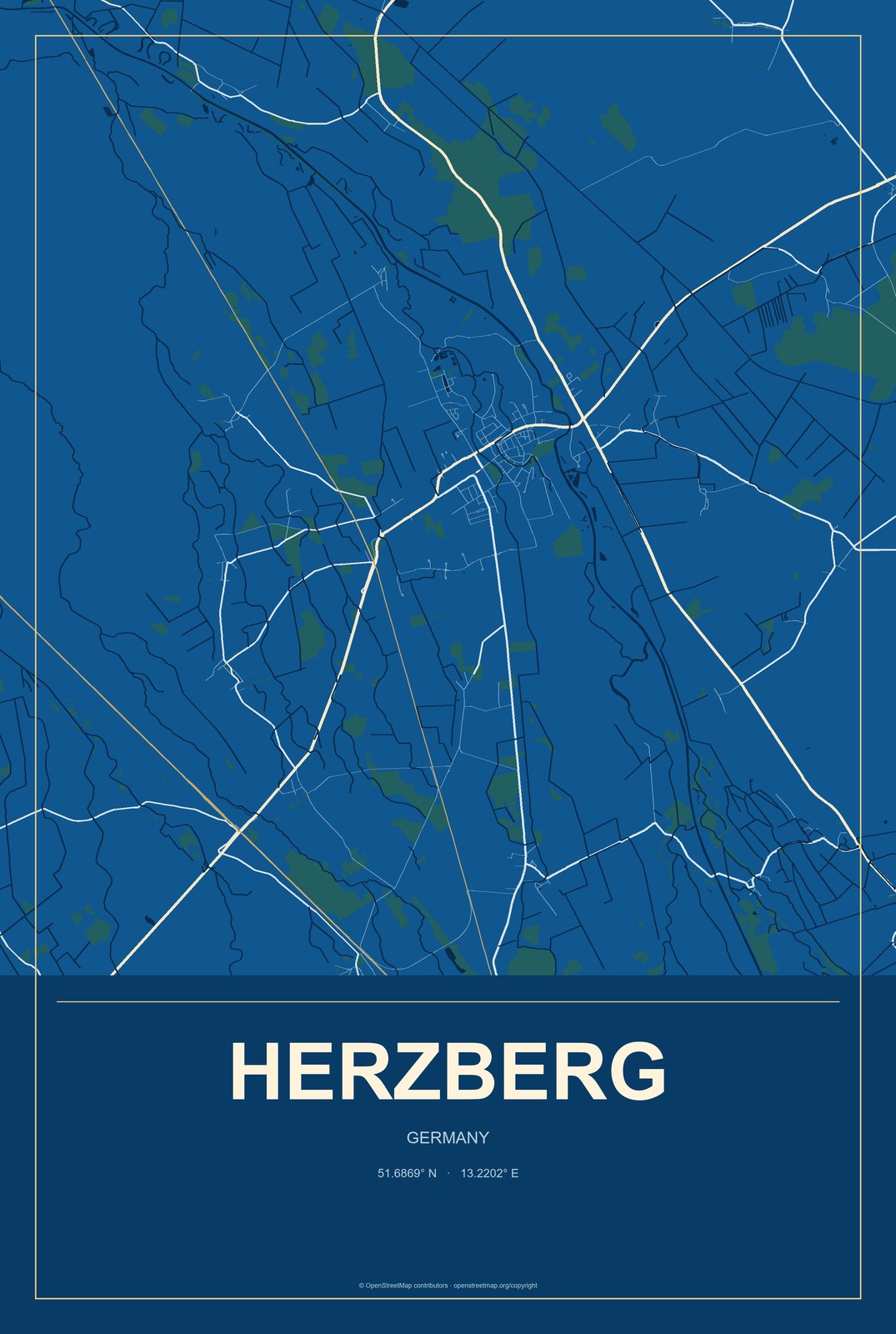 Herzberg, Germany City Map Aluminum Sign in Harbor Cobalt style