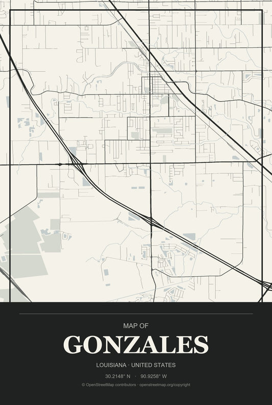 Gonzales, Louisiana City Map Aluminum Sign in Museum Plaque style