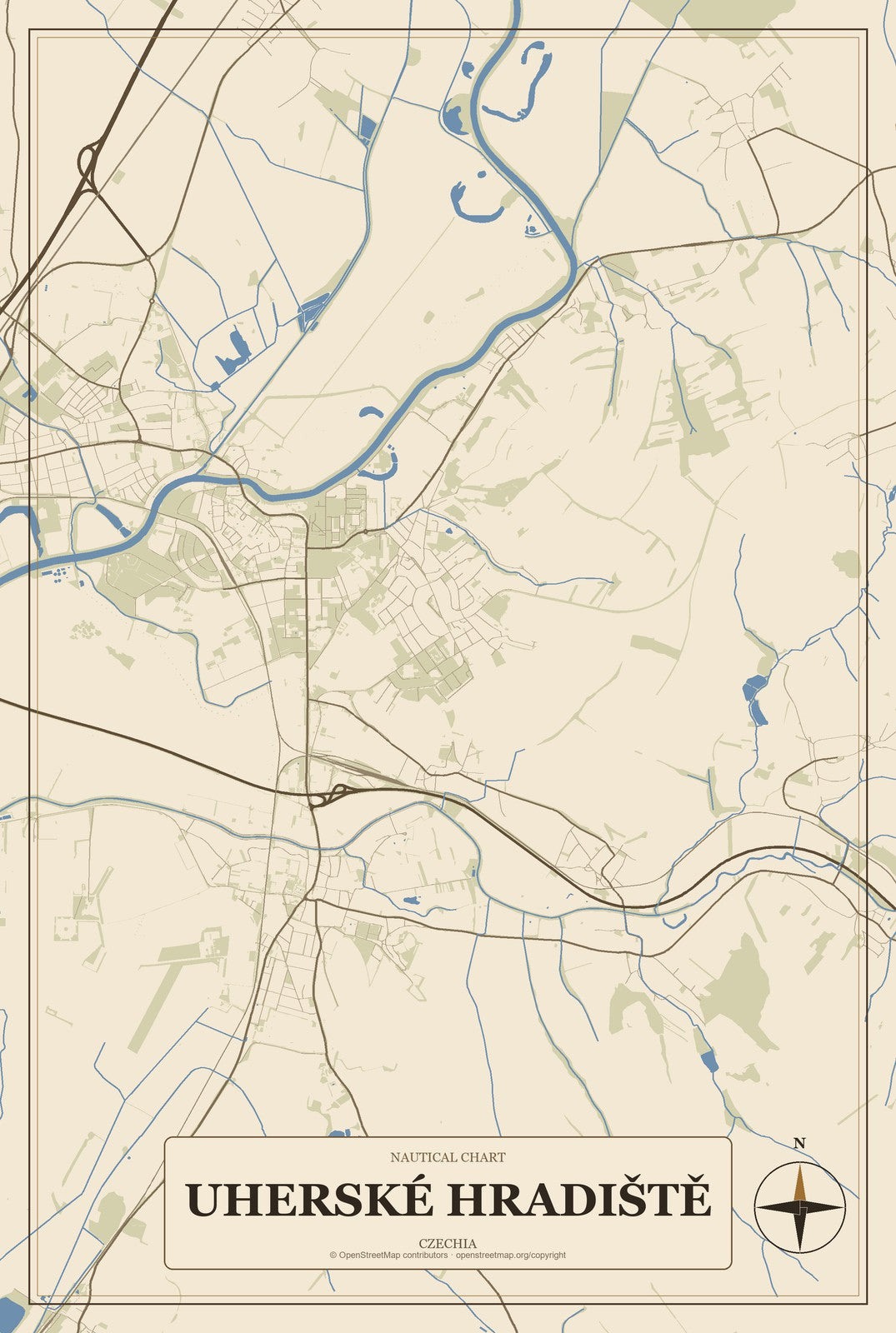 Uherské Hradiště, Czechia City Map Aluminum Sign in Heritage Nautical style