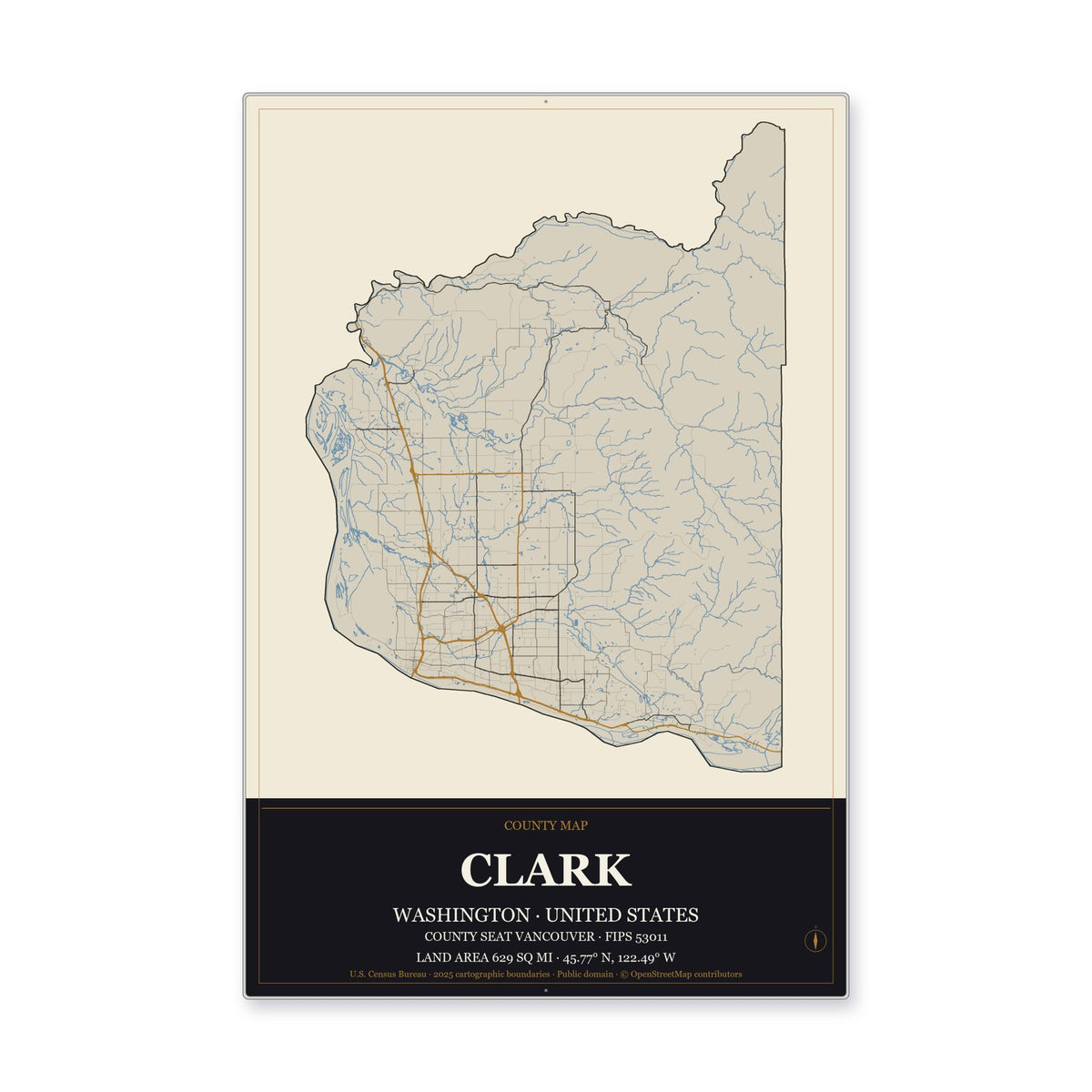 Clark County, Washington Map Aluminum Sign in Museum Plaque style