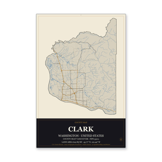 Clark County, Washington Map Aluminum Sign in Museum Plaque style