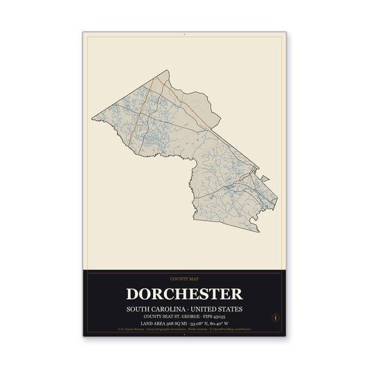 Dorchester County, South Carolina Map Aluminum Sign in Museum Plaque style