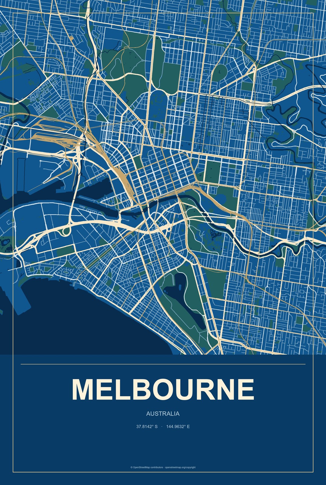 Melbourne, Australia City Map Aluminum Sign in Harbor Cobalt style