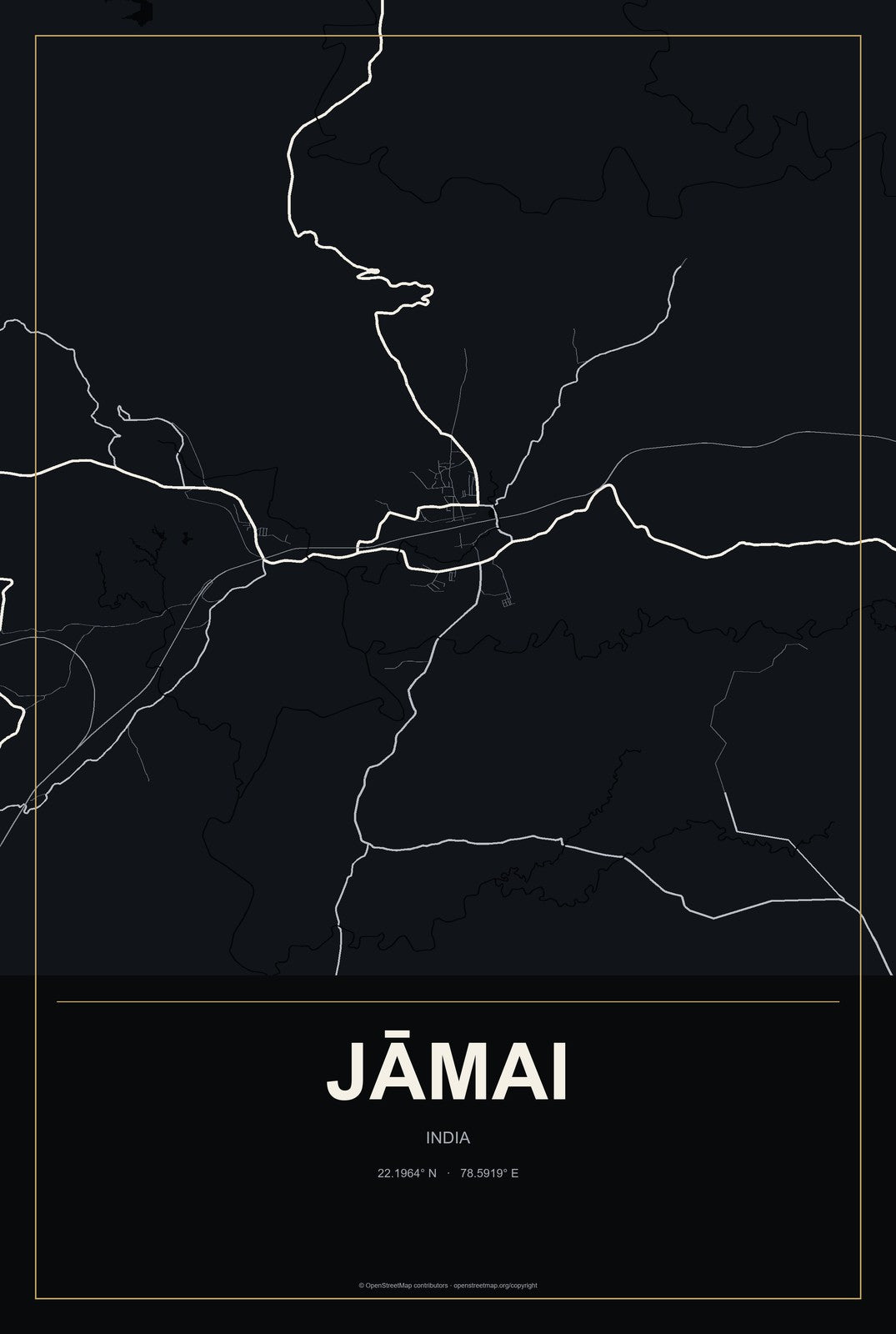 Jāmai, India City Map Aluminum Sign in Metropolitan Noir style