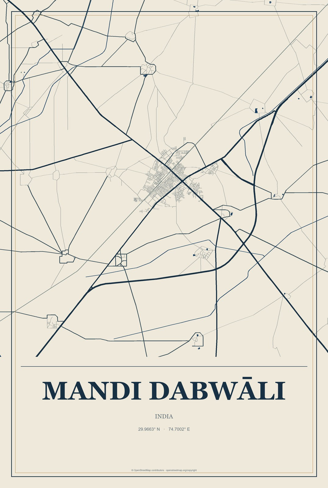 Mandi Dabwāli, India City Map Aluminum Sign in Coastal Cutout style