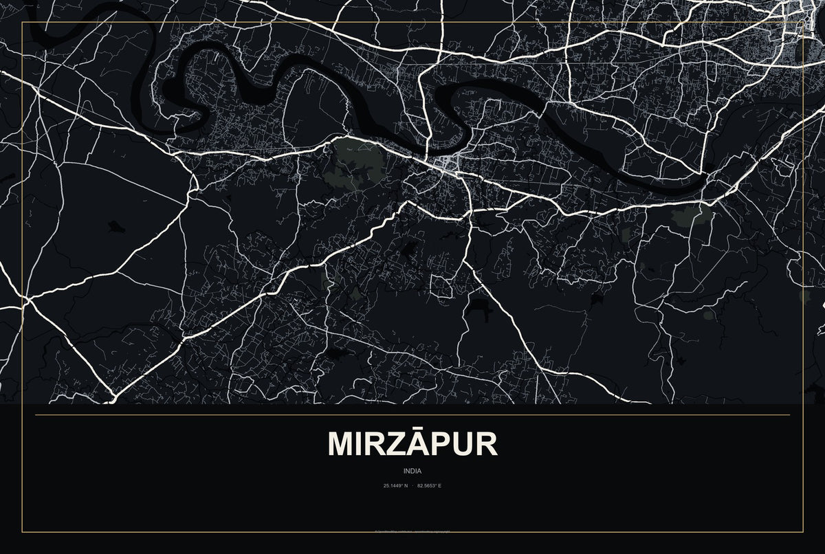 Mirzāpur, India City Map Aluminum Sign in Metropolitan Noir style