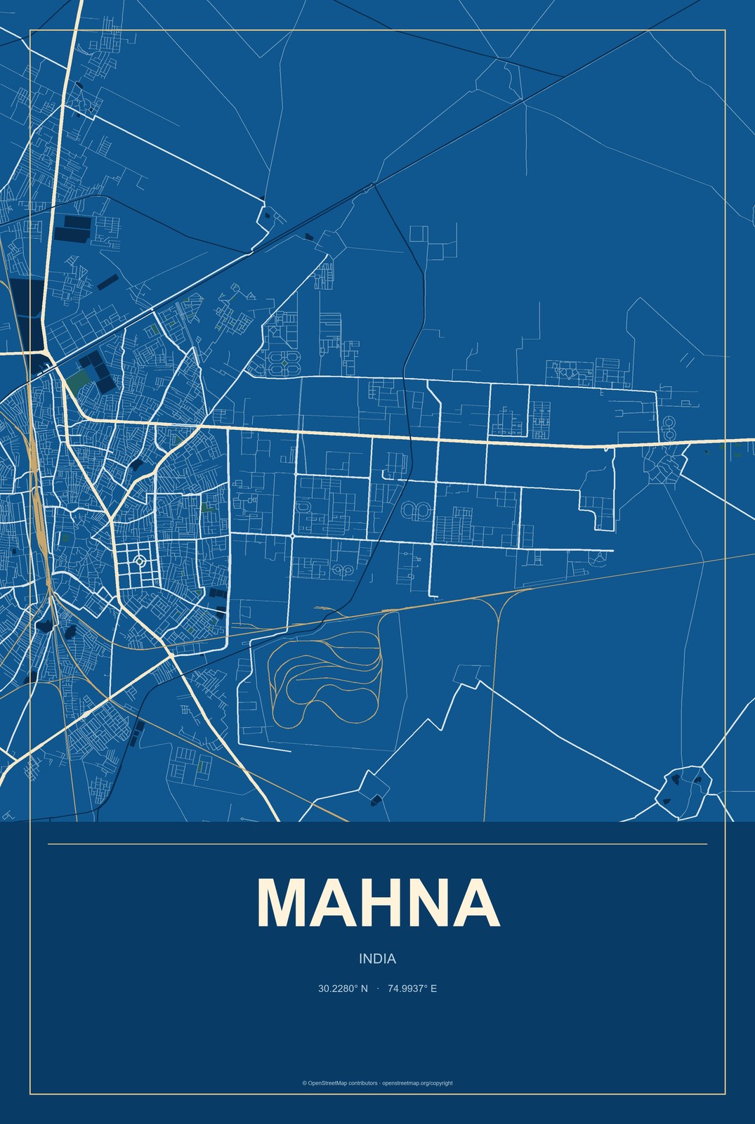 Mahna, India City Map Aluminum Sign in Harbor Cobalt style