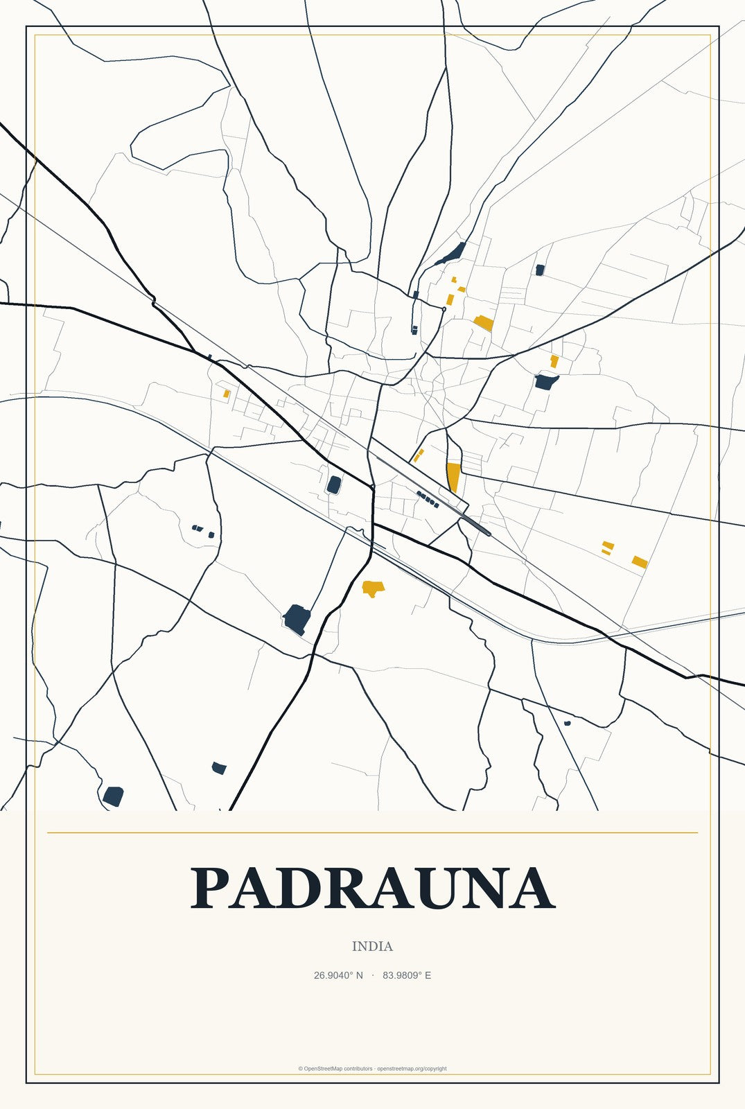 Padrauna, India City Map Aluminum Sign in Citrine Modern style
