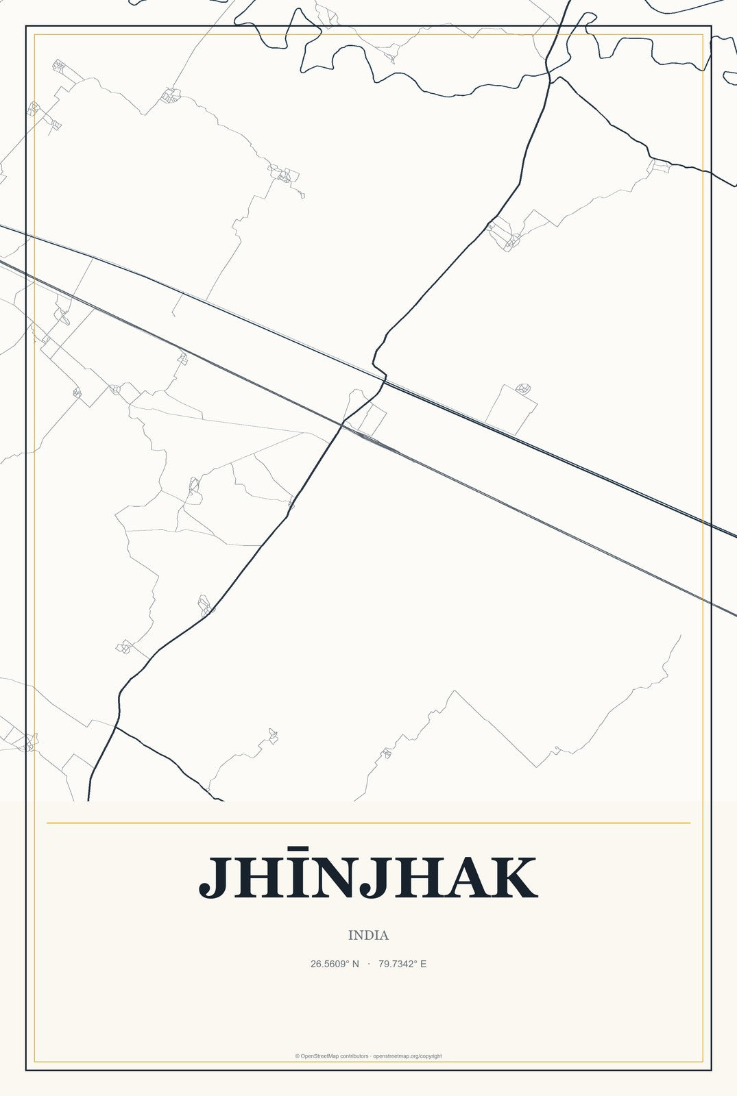 Jhīnjhak, India City Map Aluminum Sign in Citrine Modern style