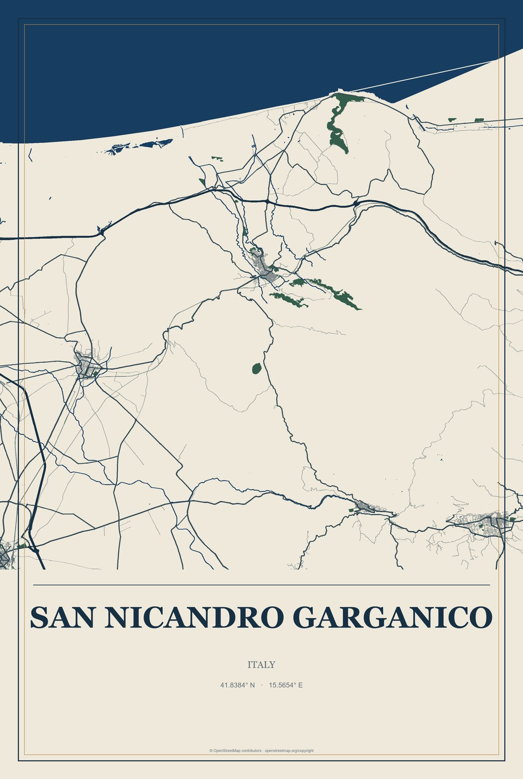 San Nicandro Garganico, Italy City Map Aluminum Sign in Coastal Cutout style