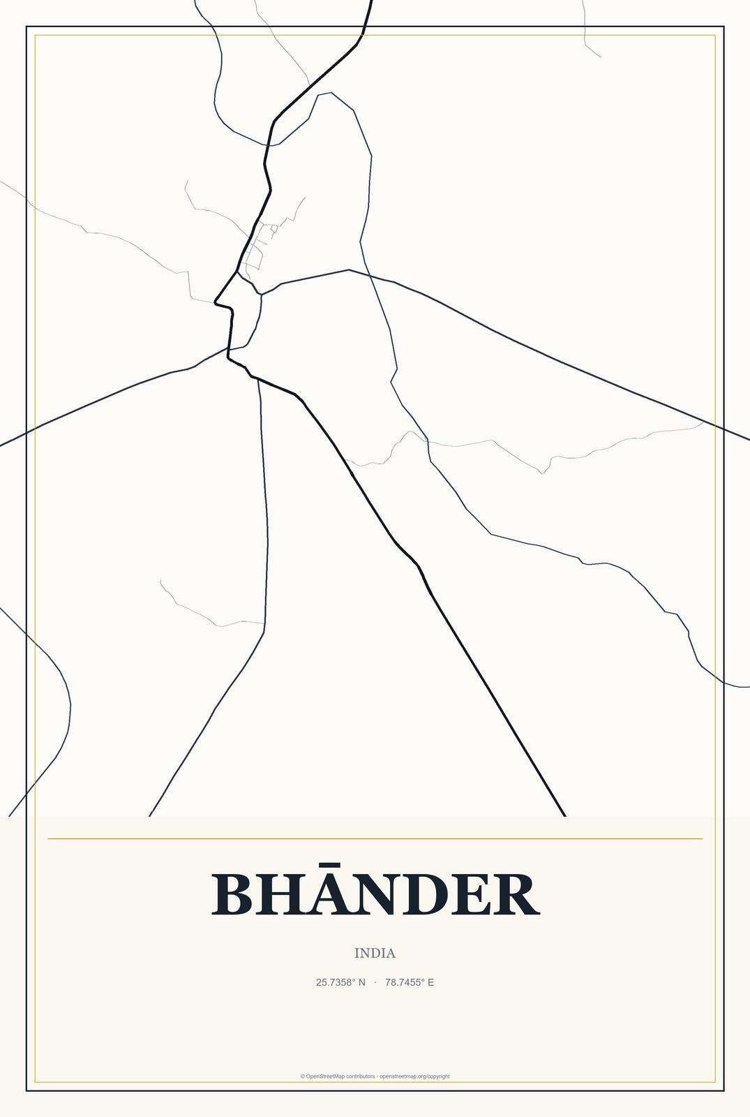 Bhānder, India City Map Aluminum Sign in Citrine Modern style