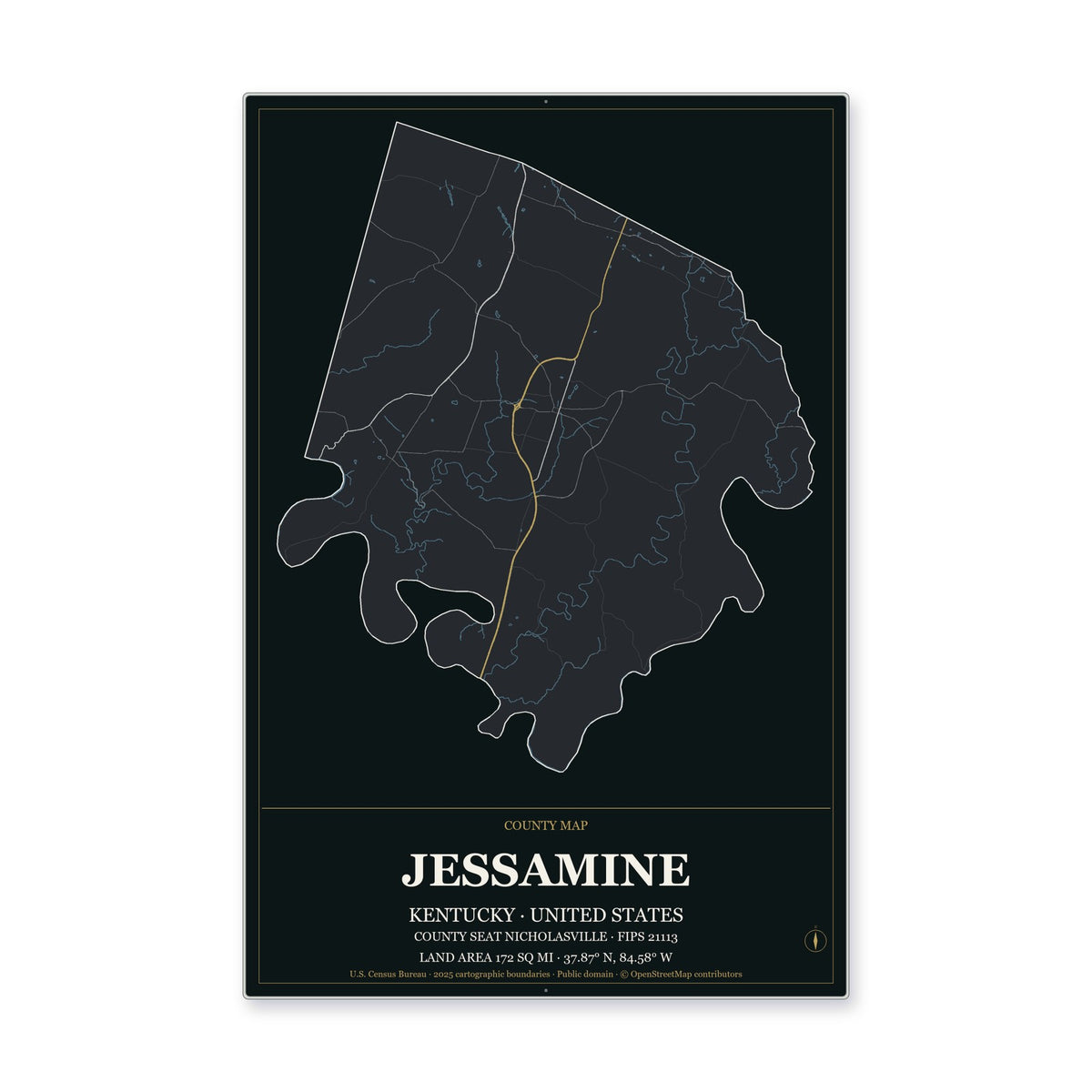 Jessamine County, Kentucky Map Aluminum Sign in Metropolitan Noir style
