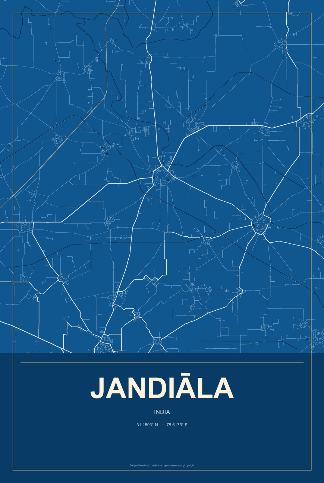 Jandiāla, India City Map Aluminum Sign in Harbor Cobalt style