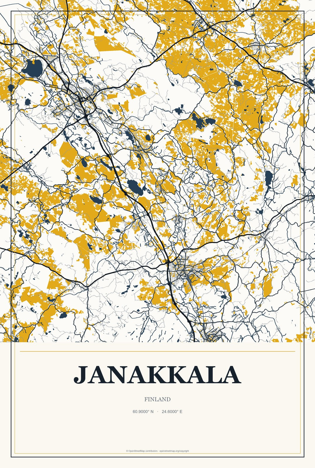 Janakkala, Finland City Map Aluminum Sign in Citrine Modern style