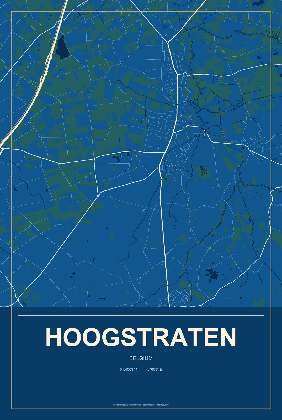 Hoogstraten, Belgium City Map Aluminum Sign in Harbor Cobalt style