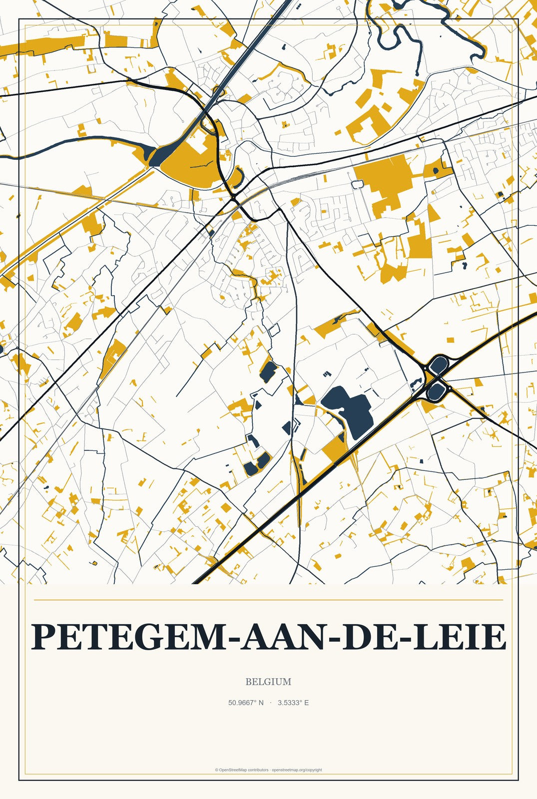 Petegem-aan-de-Leie, Belgium City Map Aluminum Sign in Citrine Modern style
