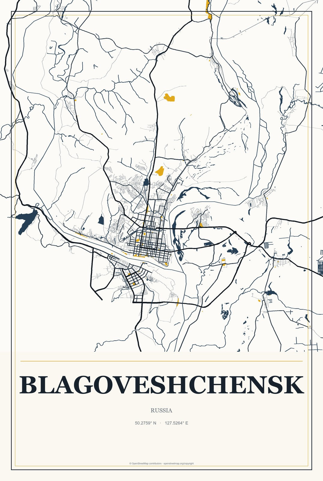 Blagoveshchensk, Bashkortostan Republic, Russia City Map Aluminum Sign in Citrine Modern style