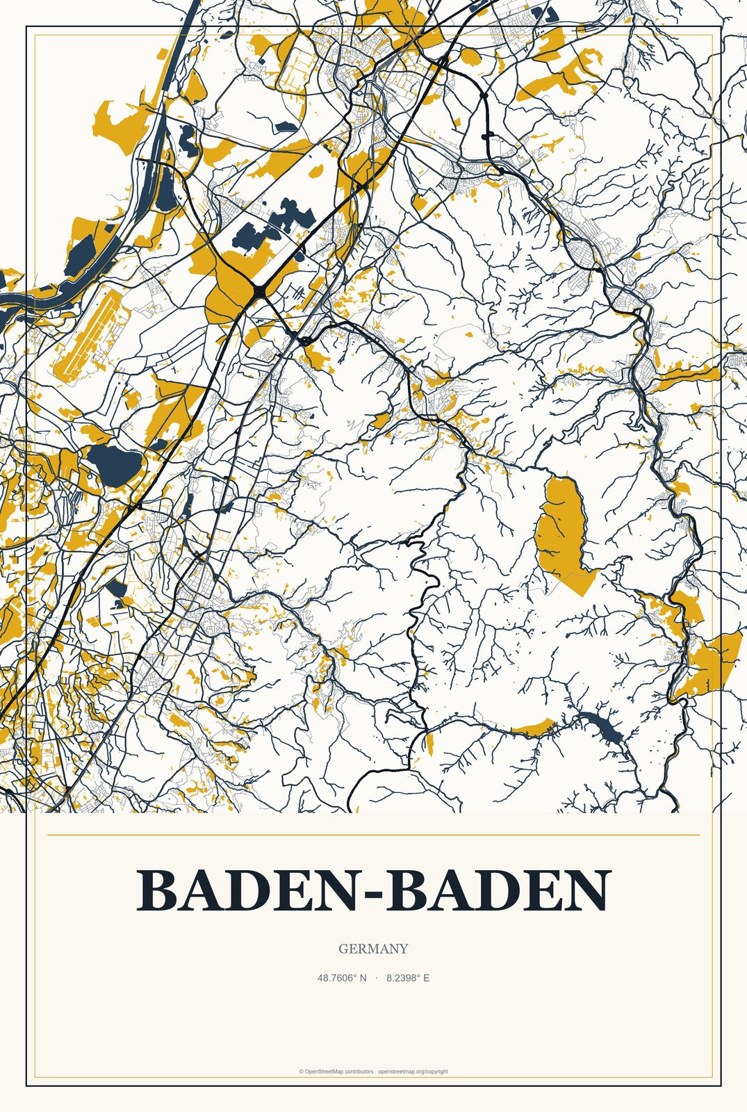 Baden-Baden, Germany City Map Aluminum Sign in Citrine Modern style