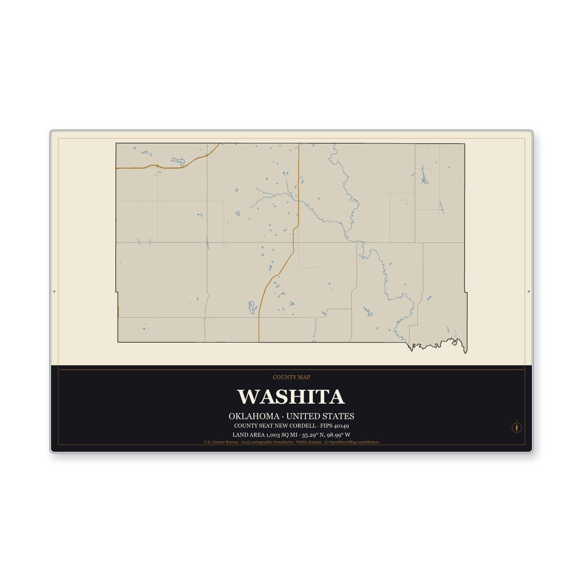 Washita County, Oklahoma Map Aluminum Sign in Museum Plaque style