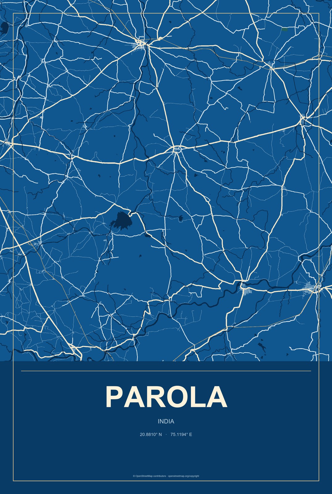 Parola, India City Map Aluminum Sign in Harbor Cobalt style