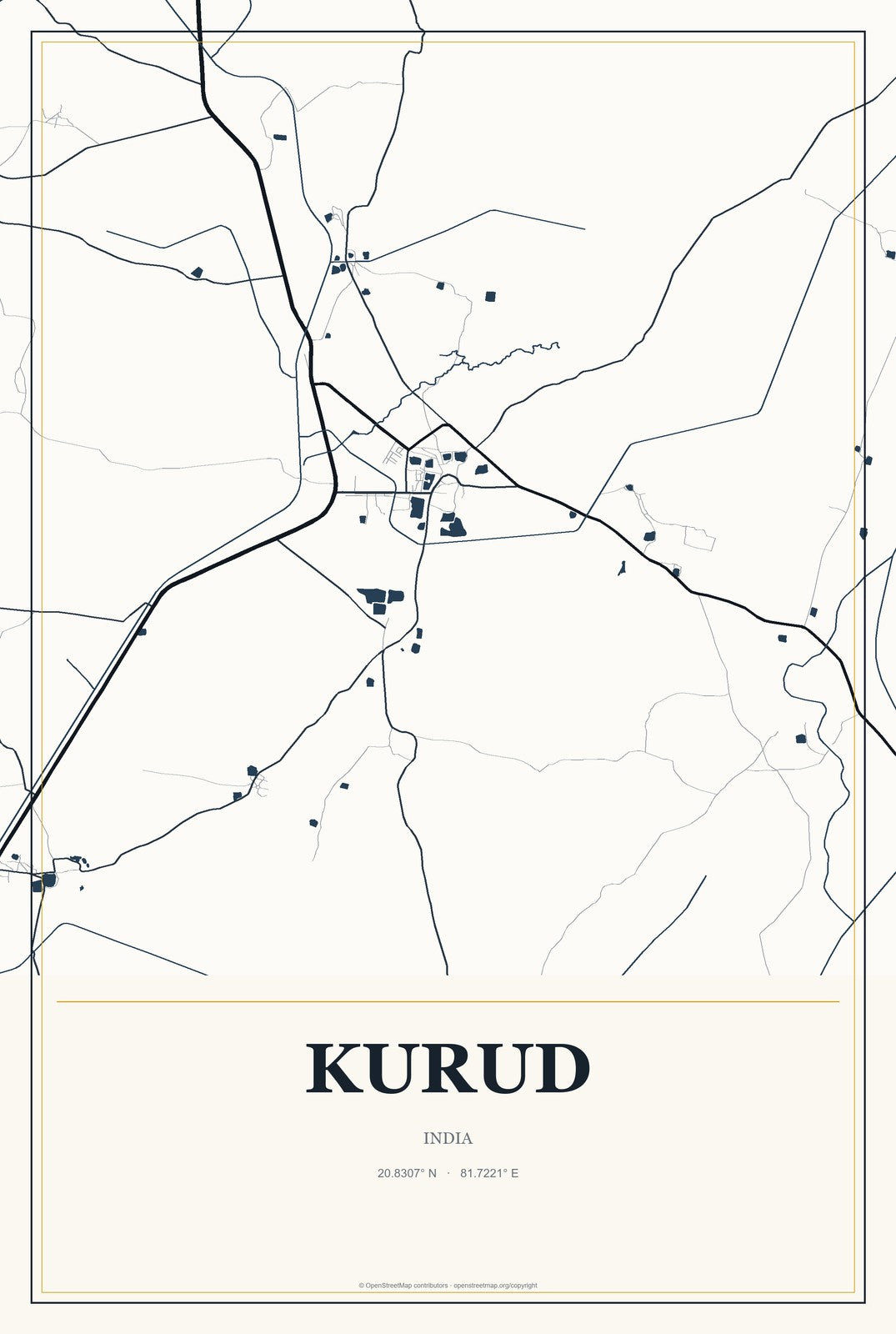 Kurud, India City Map Aluminum Sign in Citrine Modern style