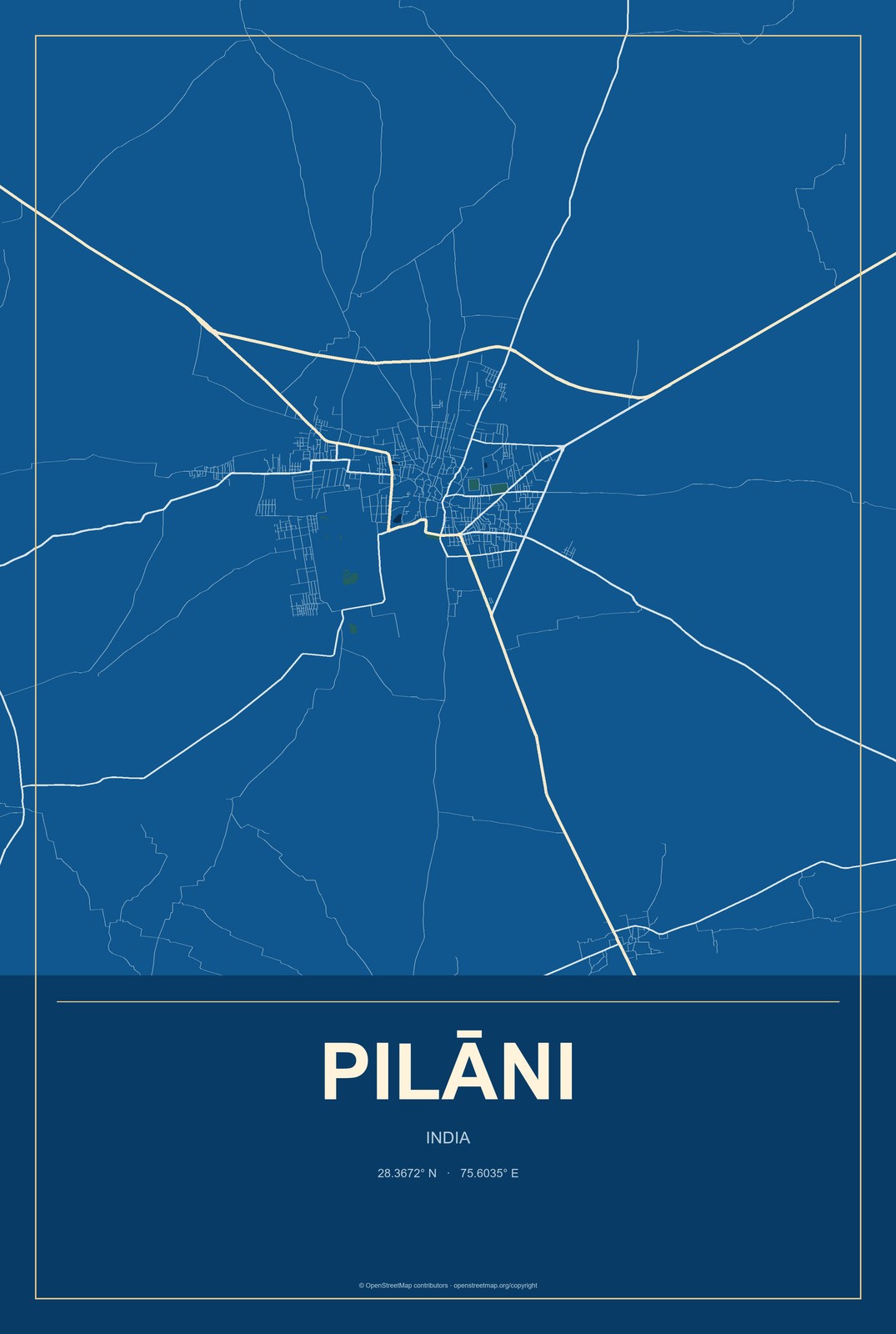 Pilāni, India City Map Aluminum Sign in Harbor Cobalt style
